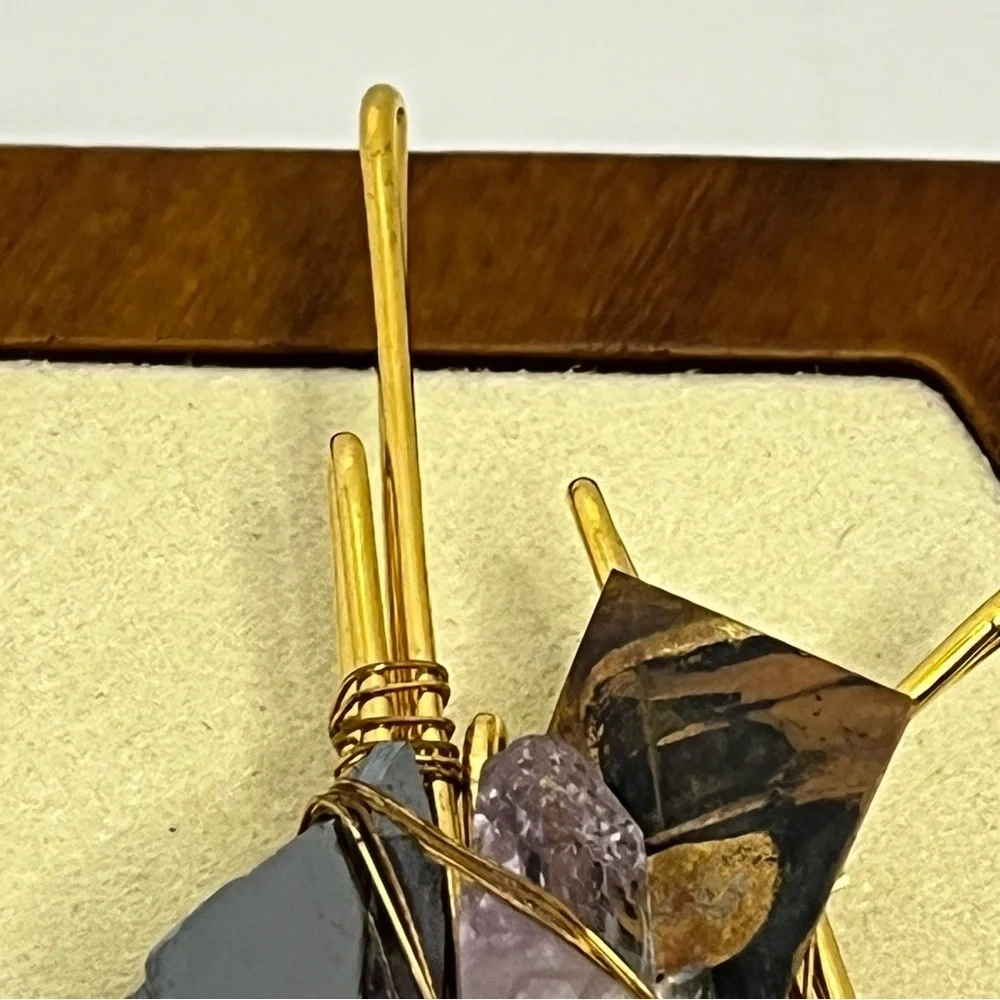 Vintage Takashi Honda Gold Tone and Black Leather Geometric Brooch